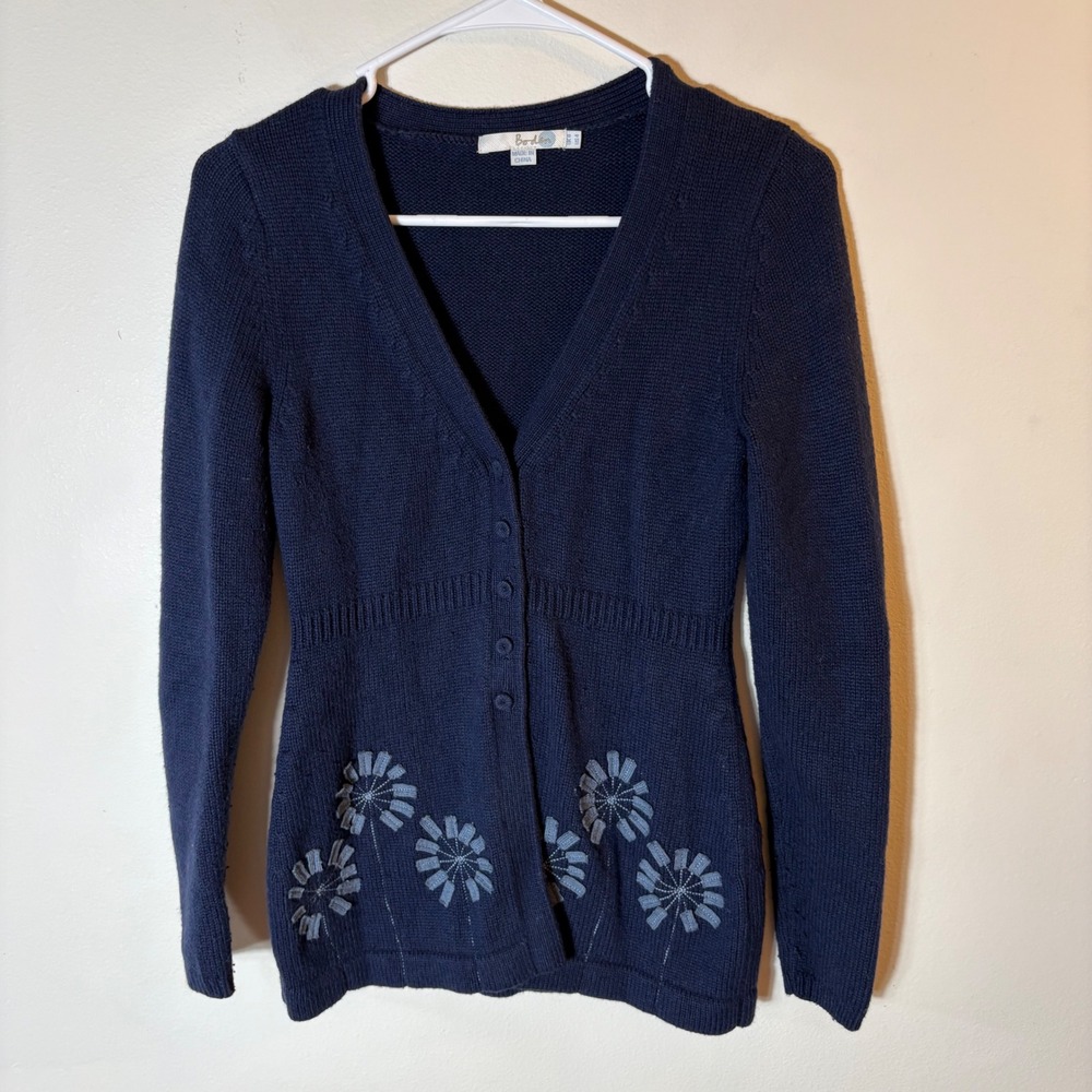 Boden Navy Floral Hem Button-Front Cardigan Sweater Cashmere Angora Blend Size 4